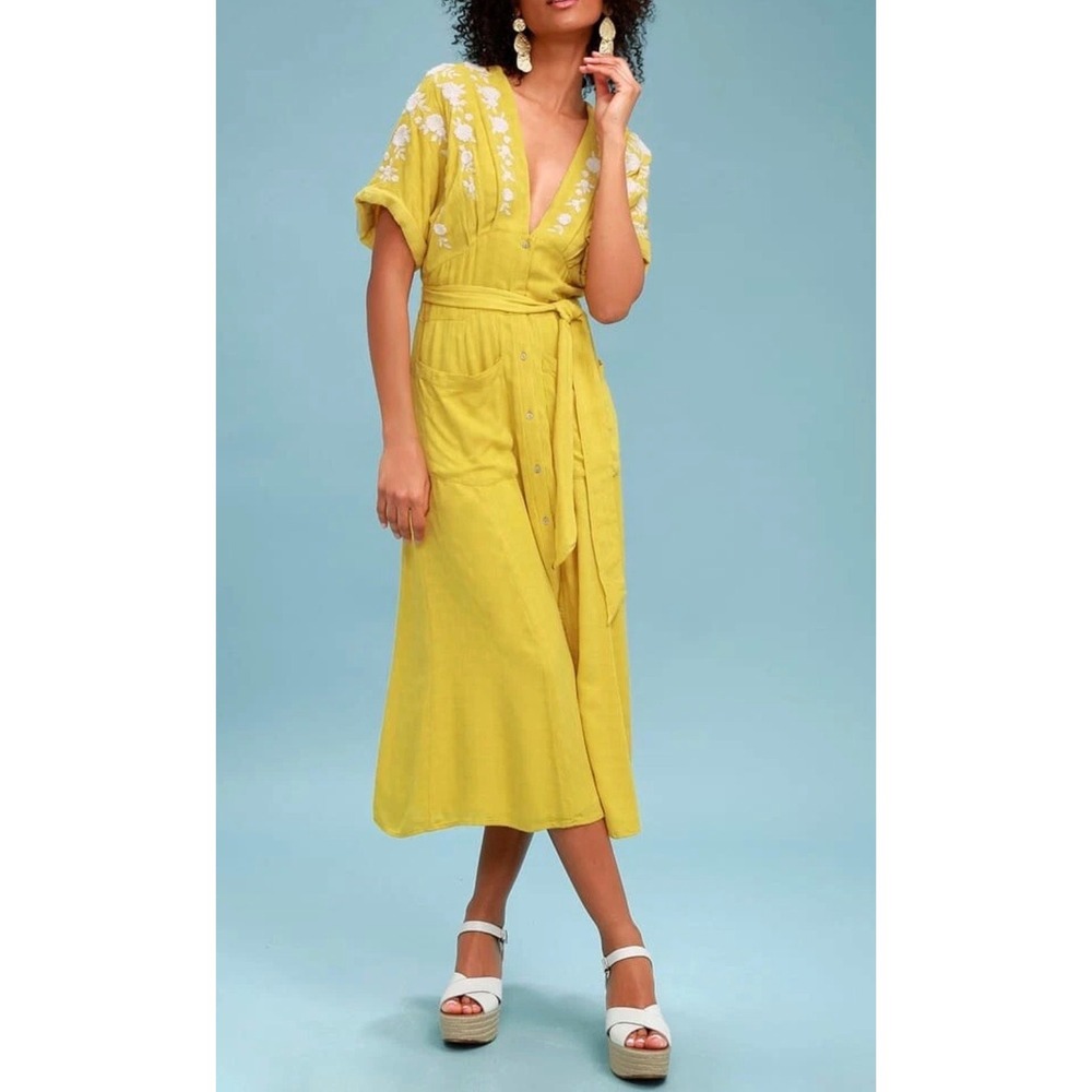 Free People Love to Love You Mustard Yellow Embroidered Button-Up Midi Dress M?